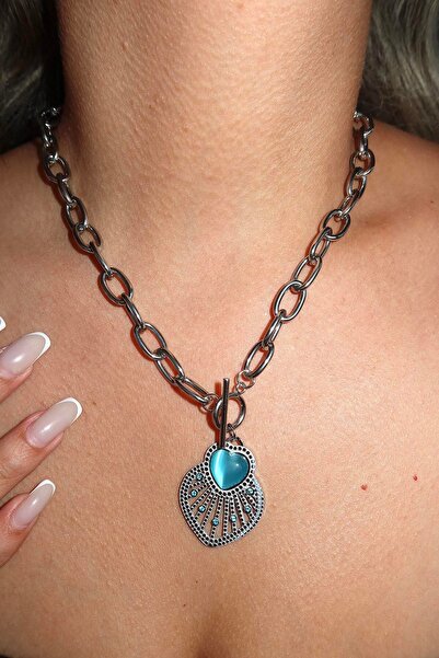 TAKIŞTIR Silver Color Heart Figured Stone Detailed Steel Necklace