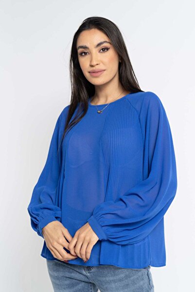 Nichii بلوزة نسائية شفافة مطوية بأكمام طويلة