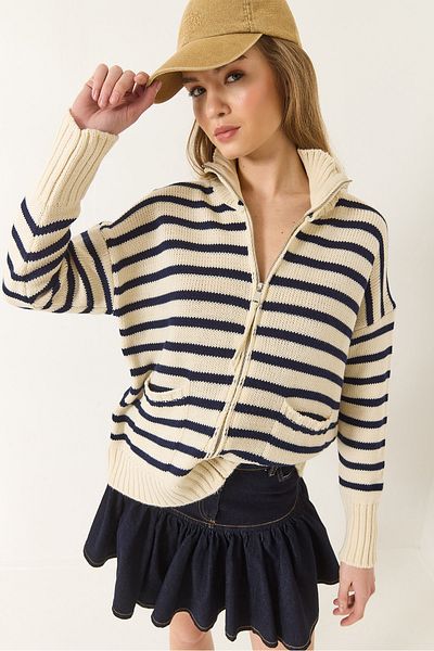 Bianco Lucci Women's Striped Zippered Knitwear Cardigan 20246314