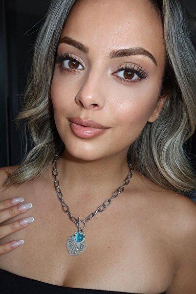 TAKIŞTIR Silver Color Heart Figured Stone Detailed Steel Necklace