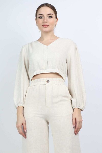 Nichii Women's Puff Sleeve Cropped Blouse with Long Sleeves