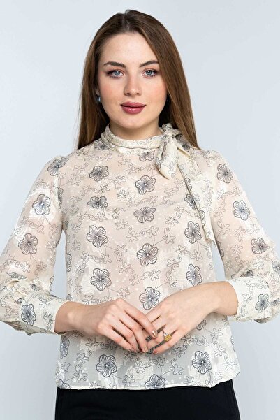 Nichii Floral Long Sleeve Blouse with Neck Tie