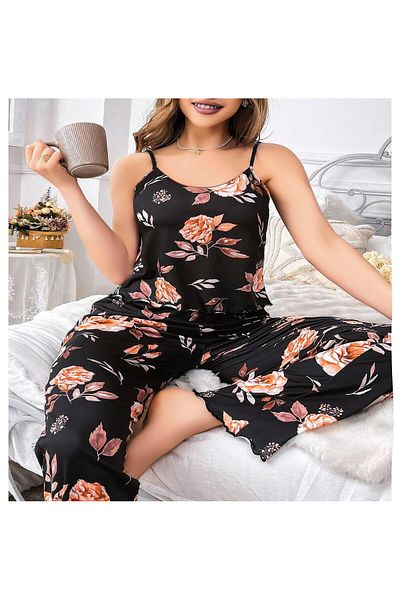 civetta Plus Size Black Floral Print Thin Strap 2-Piece Pajama Set