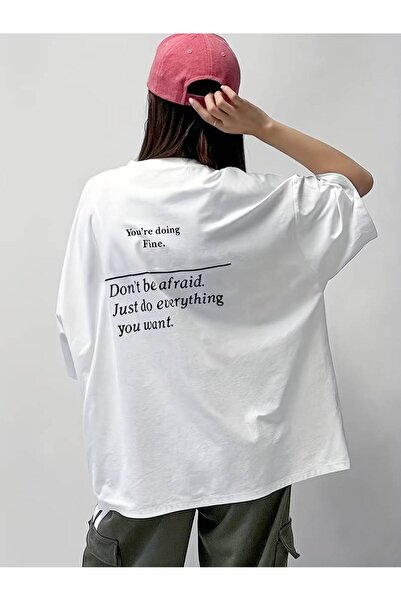 Harajuku Style Alb cu imprimeu „You Are Doing Fine”, cu gât rotund, mânecă sc...