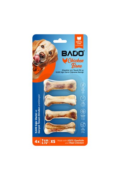 BAD0 Recompense caini, oase cu pui si piele naturala, XS, 4 buc, 7 cm, igiena dentara