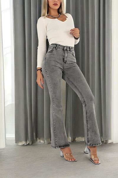 byhaziran butik Teodora Spanish Leg Colorfast Smoked Stretchy High Waist Denim Pants