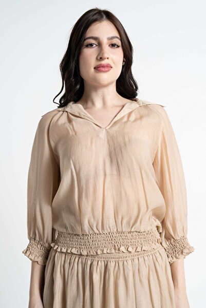 Nichii بلوزة شيفون نسائية بأكمام ثلاثة أرباع ومزينة بكشكشة