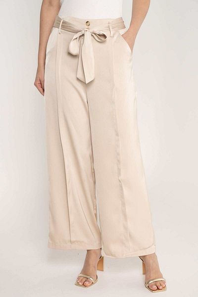Nichii Solid High-Waisted Women's Pants with Button and Long Tie