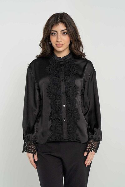 Nichii Plain Button-Up Shirt with Long Sleeves and Lace Trim