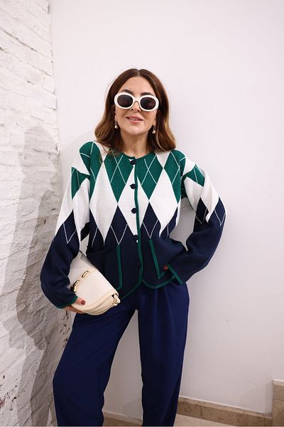 My Blog Navy Blue Diamond Patterned Double Pocket Cardigan - 231019