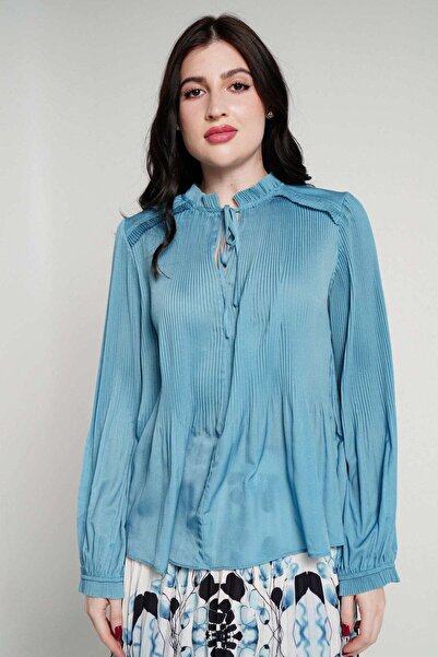 Nichii بلوزة نسائية بأكمام طويلة مع طيات وفتحة أمامية