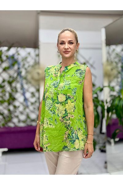 Punta Otantik Ls8819D Sleeveless Cotton Italian Blouse with Pockets Green