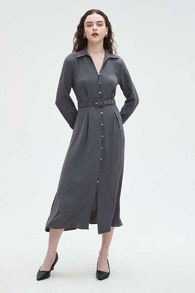 Nichii Long Maxi Blouse with Buttons, Collar, and Waist Belt