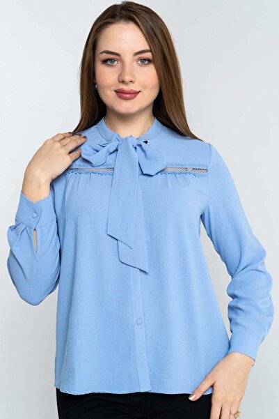 Nichii Women's Long Sleeve Lace-Detail Blouse with Bow Tie