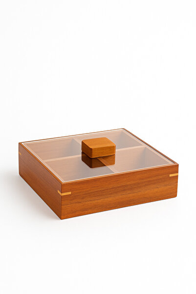 Fhilli Acacia Wood 4 Compartment Snack Bowl – Plexiglass Lid, Presentation and Storage Box with Handles 23cm