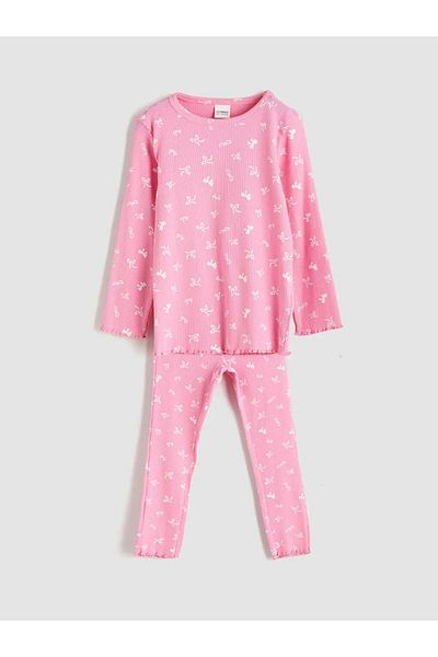 LC Waikiki Lcw Kids Pink Crew Neck Bow Printed Girls Pajamas Set