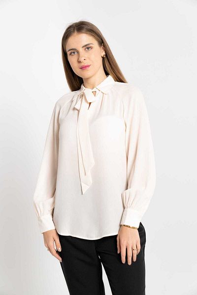 Nichii Women's Solid Dress Shirt with Collar and Tie, Long Sleeves