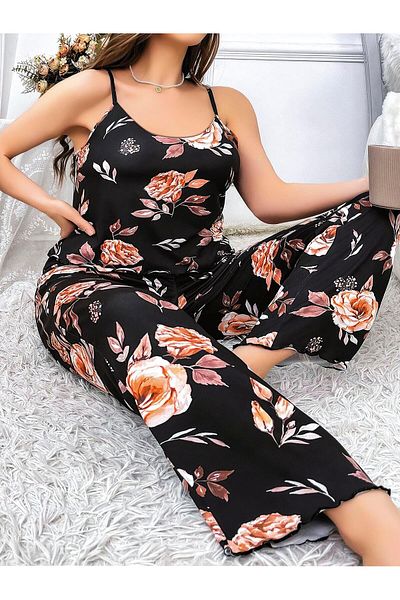 civetta Plus Size Black Floral Print Thin Strap 2-Piece Pajama Set