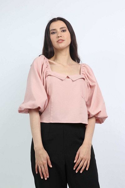 Nichii Classic Women's Blouse with Square Neck and Puff Short Sleeves