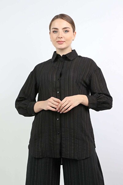 Nichii قميص نسائي كلاسيكي مخطط بأكمام طويلة