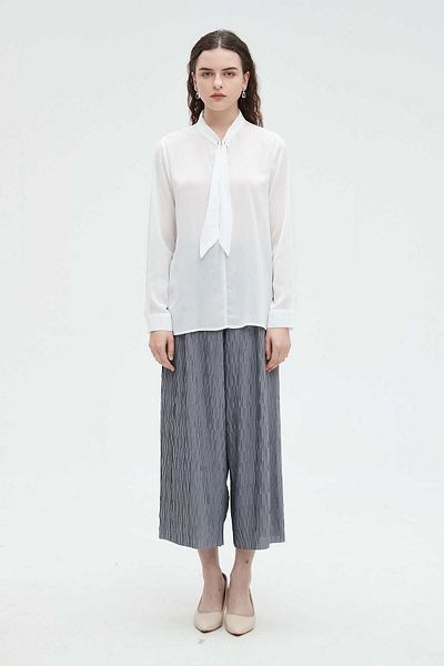 Nichii Women's Solid Long Sleeve Blouse with Neck Tie