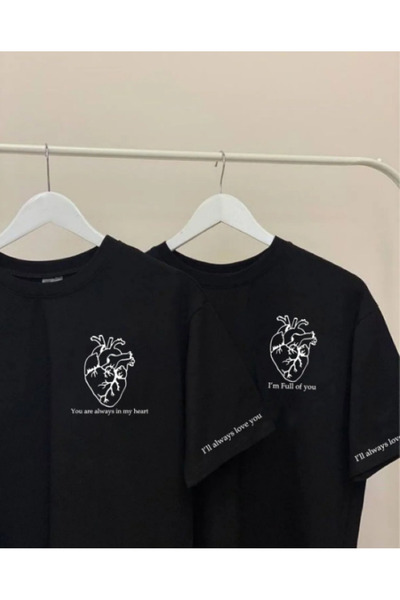 Harajuku Style Set de 2 piese negre, unisex, pentru cupluri, cu imprimeu inim...