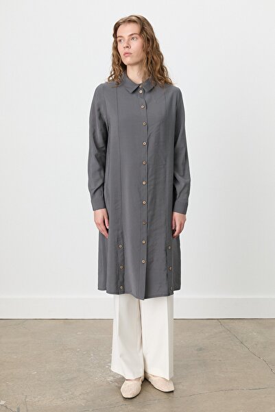Nihan Düğme Detaylı Gömlek Yaka Modal Tunik Füme