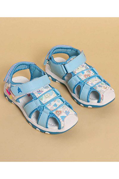 Pine kids Pine Kids Heart Printed Sandals With Floral Applique & Velcro Closure - Blue