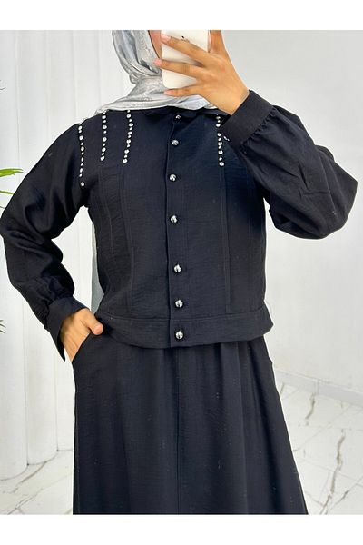 Modamorfo Shoulder Stoned Buttoned Jacket Skirt Linen Suit - Black