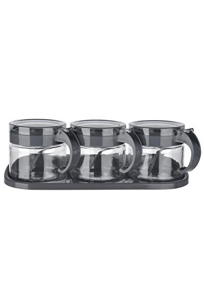 ForWhat 3Pcs Glass Spice Rack Set with Lid Spoon with Stand Gray for Bureau H...