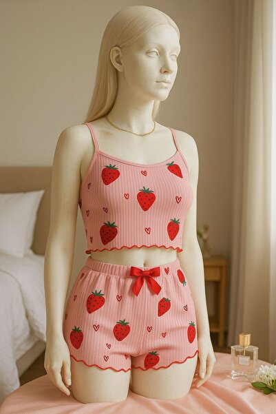 WİYONA Women's Strawberry Patterned Shorts Pajama Set
