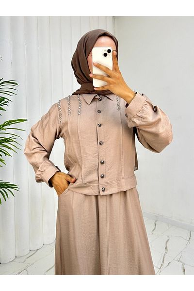 Modamorfo Jacket Skirt Linen Suit with Stones on the Shoulder Buttons -Mink