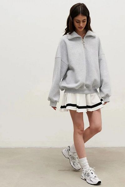 GIA - ART Women's Gray Half Zipper Jacket Sweatshirt 3 Thread Raised Oversize Cut