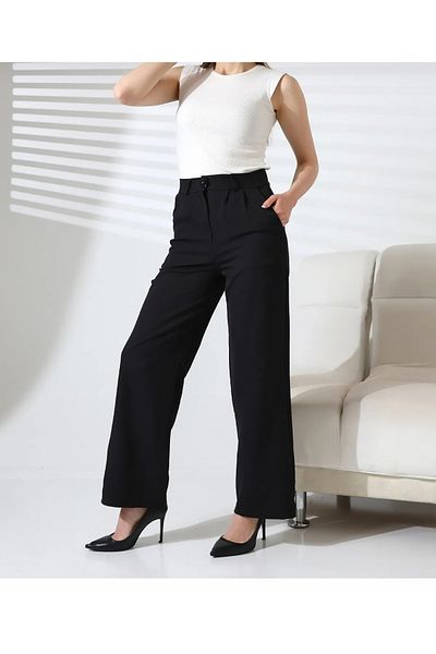 QUMRULİFE Yüssbutik Black Pocket Zipper Polyester Blended Woven Pants