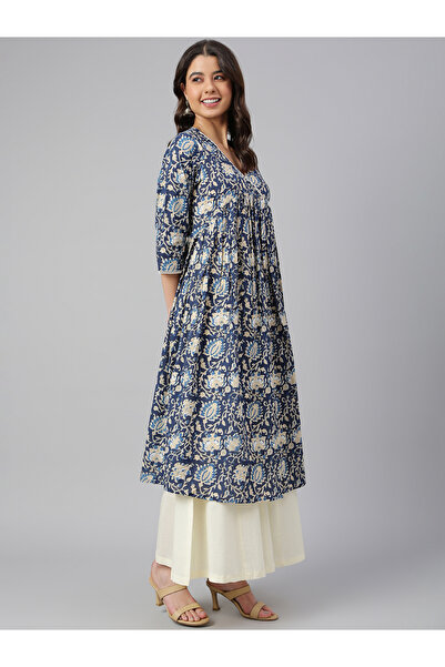 IndHeritage Premium cotton office / casual kurti - Dark blue kurti / kurta for women with white floral print