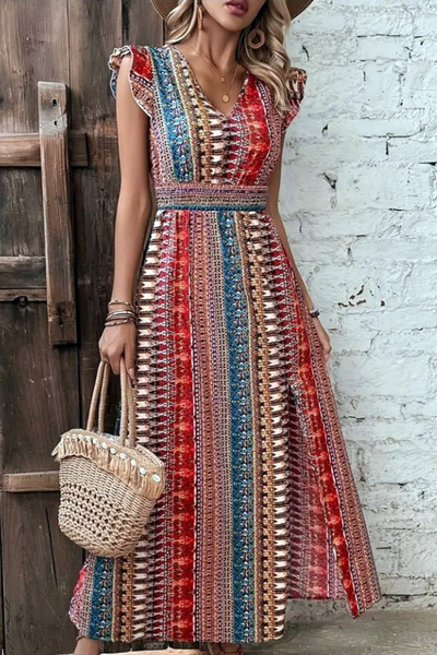 MissThetis V Yakalı Kısa Mendil Kol Beli Lastikli Yırtmaçlı Şık ve Cool Desen...