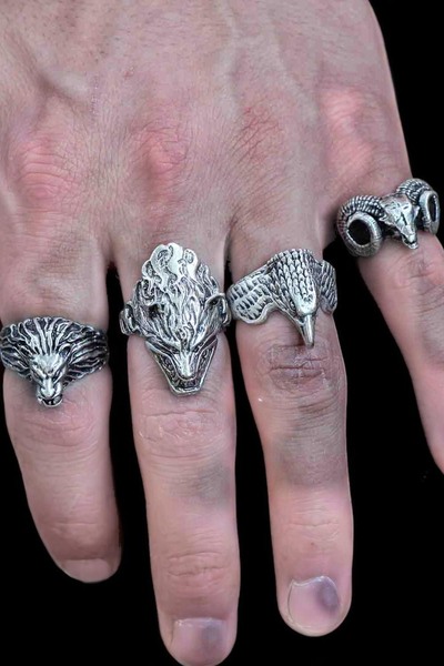 renery 4 Adet 925 Ayar Gümüş Kaplama Ayarlanabilir Erkek Kadın Hayvanlar Kurt...