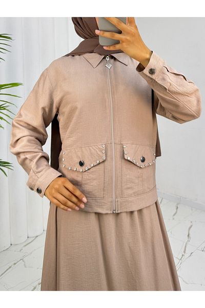 Modamorfo Zippered Jacket, Elastic Waist Skirt, Linen Suit - Mink