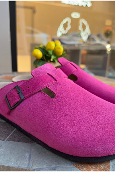 Lemoors Susana Natural Cork Sole Genuine Suede Leather Fuchsia Color Sabo Slippers