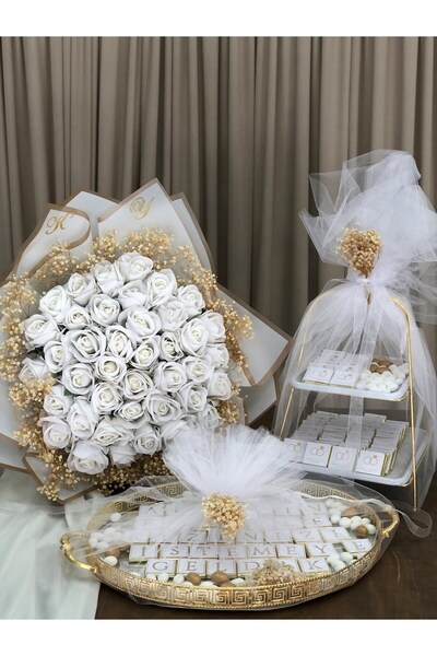 Denseden 3'lü Set Kız İsteme Çikolatası 60+36 İsimli Madlen Ve 41 Kadife Güll...