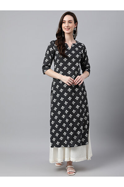 IndHeritage Premium cotton office / casual kurti - Black kurti / kurta for women with white prints