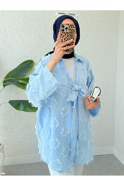 Modamorfo Tassel Detailed Front Tie Kimono - Baby Blue