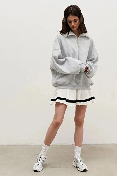 The Champ Clothing Women's Gray Half Zipper Jacket Sweatshirt 3 Thread Raised Oversize Cut