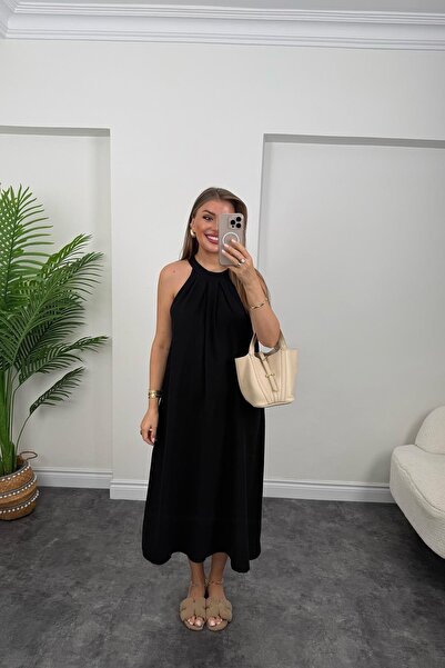 MY IMAGINE MODA eklam Kol Salaş Keten Elbise Siyah