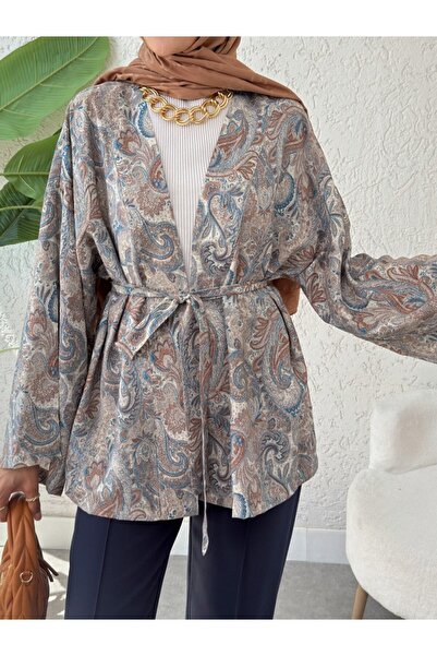 Modamorfo Ethnic Patterned Lace-Up Kimono - Light Gray