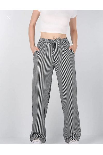 QUMRULİFE Yüssbutik Waterway Pocket Black and White Striped Loose Leg Trousers with a Cord
