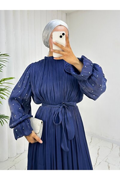 Modamorfo Rose Brooch Belted Janjan Chiffon Evening Dress with Elastic Sleeves - Navy