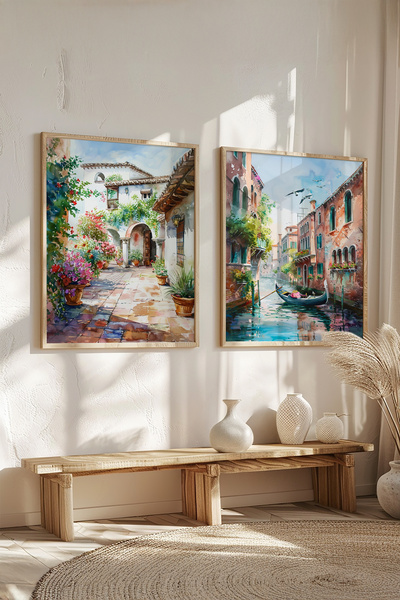 STARYUNA Watercolor Effect Venice Italy Landscape Painting, Wooden Frame Set of 2 Paintings Yuna136