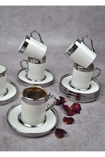 Qualitev 6 Person 12 Piece Porcelain Turkish Coffee Cup Set 110 ml Silver See