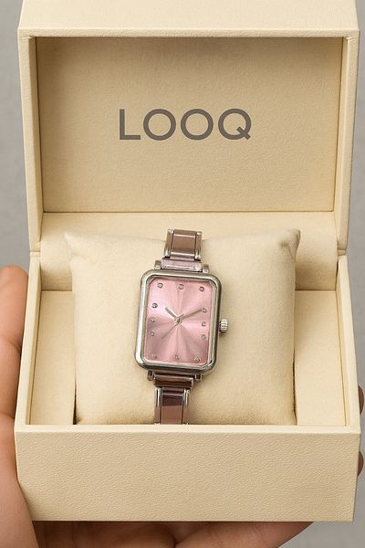 LOOQ ساعة يد نسائية بسوار مستطيل الشكل من نومينيشن مع تفاصيل حجرية